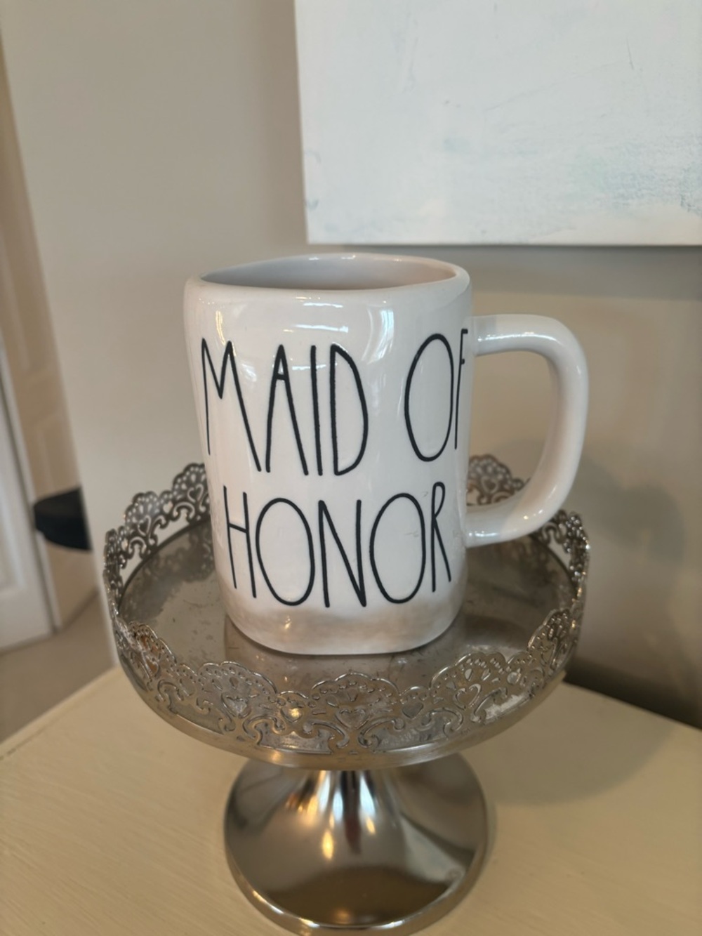 Rae Dunn White Mug with Black 'MAID OF HONOR' Lettering